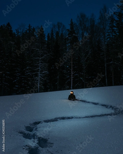 Fototapeta Creepy man on snowy field full moon