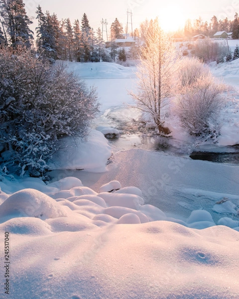 Obraz Snowy Winter river sunrise