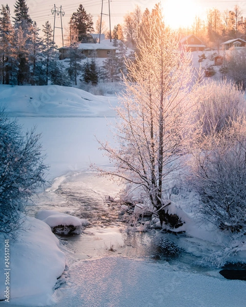 Obraz Snowy Winter river sunrise