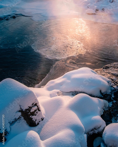 Obraz Snowy Winter river sunrise