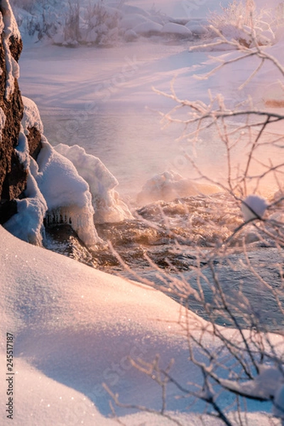 Obraz Snowy Winter river sunrise