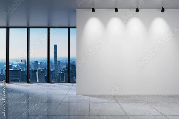 Fototapeta duże biuro z pustą białą ścianą przed panoramicznym widokiem na panoramę okna, ilustracja 3D