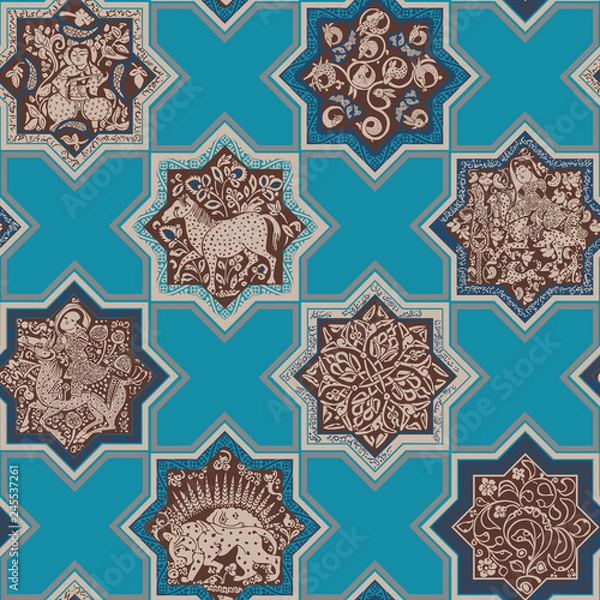 Fototapeta Seamless pattern in the form of tiles. Ornament in the style of ancient Persian patterns.