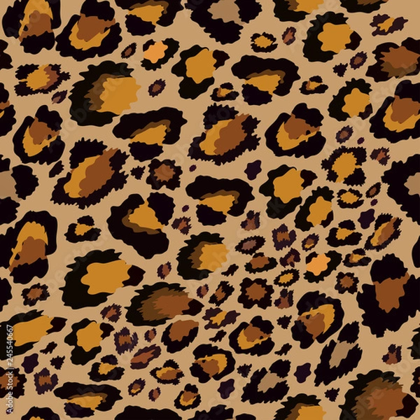 Fototapeta Vector Seamless pattern of leopard skin in yellow and black on brown background, Wild Animals pattern for textile or wall paper, illutration leopard print