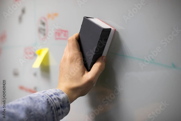 Obraz Hand erasing question mark on chalkboard