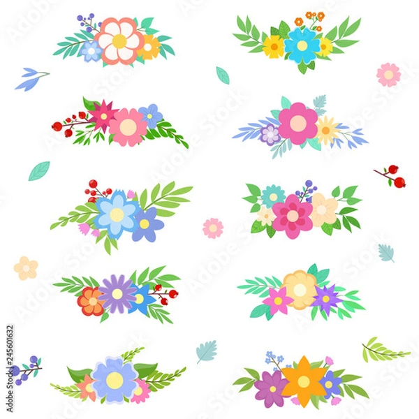 Fototapeta Flower bouquet, floral collection, set of isolated objects. Various compositions of flowers and leaves. Vector illustration