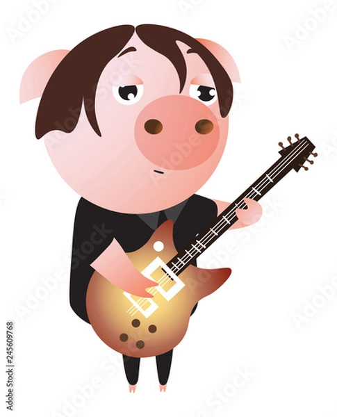 Fototapeta A funny  tired piggy plays guitar. Musician. Vector illustration.  Isolated on transparent background.  Excellent for the design of postcards, posters, stickers and so on.