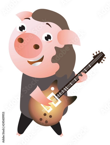 Fototapeta A funny  cheerfull rockstar piggy plays guitar. Musician. Vector illustration.  Isolated on transparent background.  Excellent for the design of postcards, posters, stickers and so on.