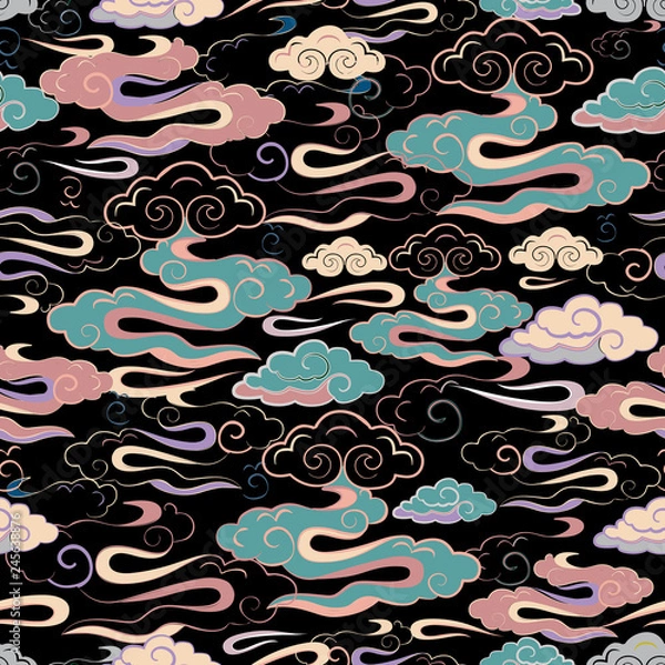 Fototapeta Vector Illustration of stylized, abstract, coral, beige, turquoise clouds resembling dragon tails at beautiful lunar twilight. Ideal for fabric