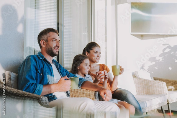 Fototapeta Pleasant smiling family resting at home together