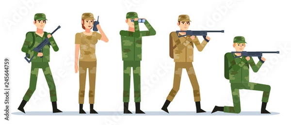 Fototapeta Group of male and female military people showing various actions. Military operation concept. Flat design vector illustration