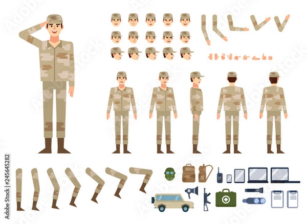 Fototapeta Soldier in military clothing creation kit. Create your own pose, action, animation. Various emotions, gestures, design elements. Flat design vector illustration