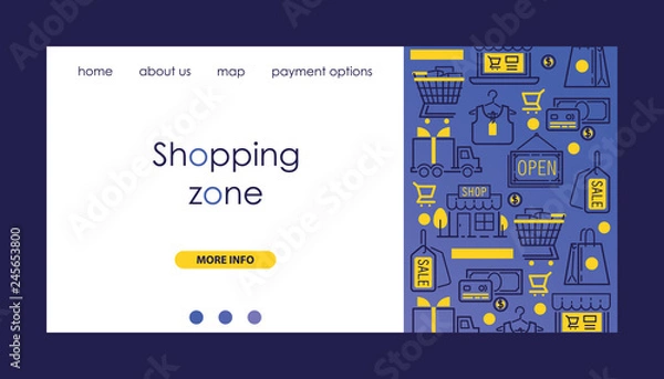 Fototapeta Shopping zone vector illustration. Delivery, discount services banners. Cart with goods. Shops and malls with advertising on window. Website for discounts. Clothing for sale.