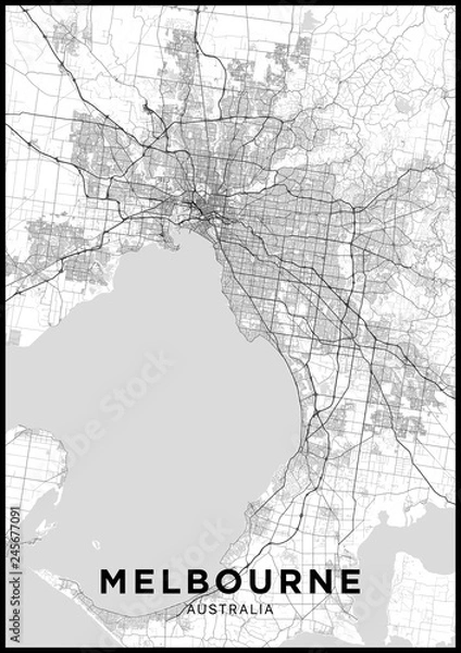 Obraz Melbourne (Australia) city map. Black and white poster with map of Melbourne. Scheme of streets and roads of Melbourne.