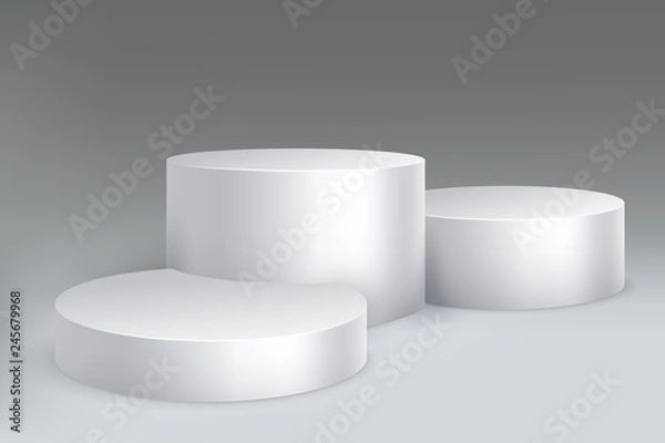Fototapeta Studio podium. Marble stand pillar base, pedestal with cylinders. Empty white exposition showroom vector isolated mockup