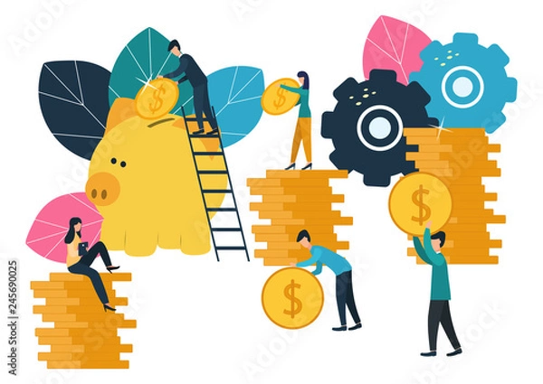 Obraz Vector flat illustrations, big piggy bank on white background, financial services