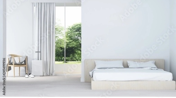 Fototapeta The interior minimal hotel bedroom space 3d rendering and nature view background	