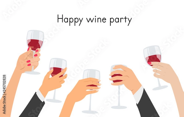 Fototapeta Hands holding a glasses with red wine.