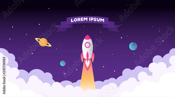 Obraz Rocket launch, planets, clouds, ribbon for text. Vector illustration