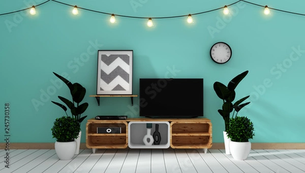 Fototapeta Smart Tv Mockup on mint wall in japanese living room. 3d rendering 