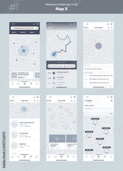 Obraz Wireframe kit for mobile phone. Mobile App UI, UX design. New map position: popular places, close to me cafes and restaurants, address, way, search, filter, route, list and pick location screens.