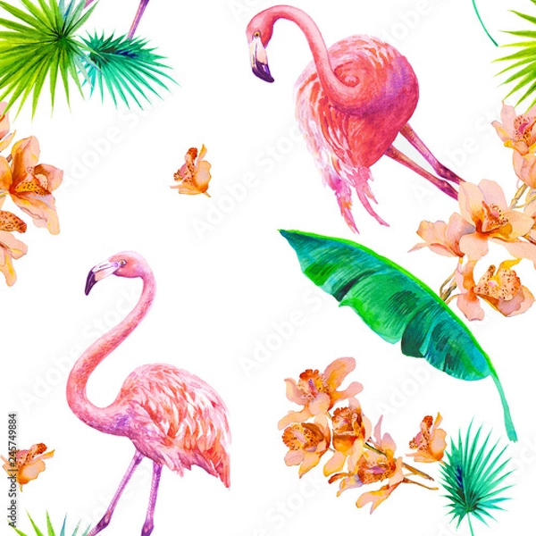 Obraz Tropical summer arrangements with flamingos, palm leaves and exotic orchids flowers. Watercolor illustration. Seamless pattern