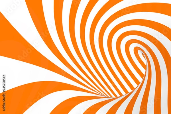 Fototapeta Torus 3D optical illusion raster illustration. Hypnotic white and orange tube image. Contrast twisting loops, stripes ornament.