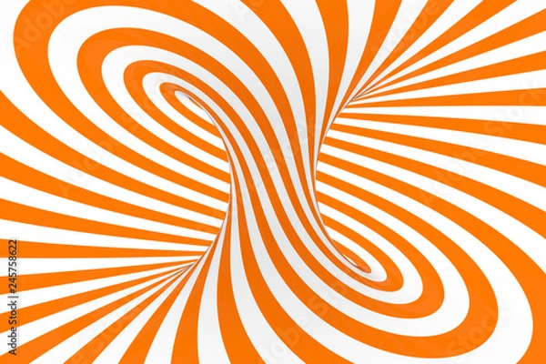 Fototapeta Torus 3D optical illusion raster illustration. Hypnotic white and orange tube image. Contrast twisting loops, stripes ornament.