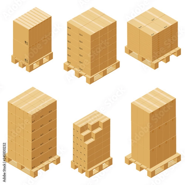 Fototapeta Cardboard boxes and wood pallet isometric set isolated on white background. Vector carton packaging box images.