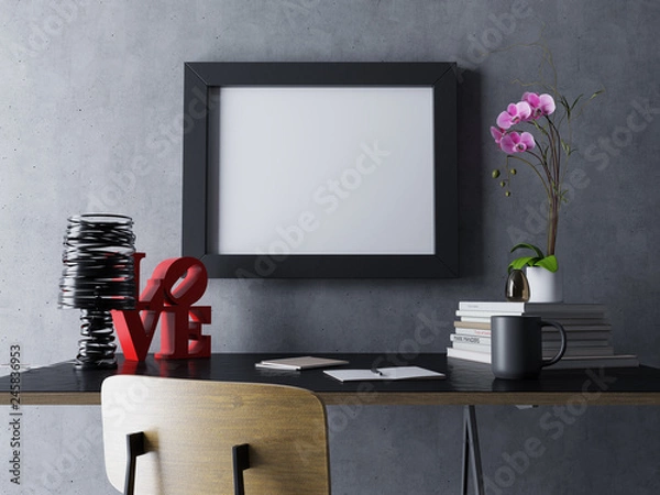 Fototapeta photoreal 3d mock up design template of blank poster frame in zen modern designer workplace in horizontal orientation hanging on concrete wall in straight front view