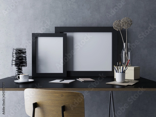 Fototapeta 3d mockup render of two empty white poster template in black frame in cozy home office workplace interior in standing side by side position in front of concrete wall