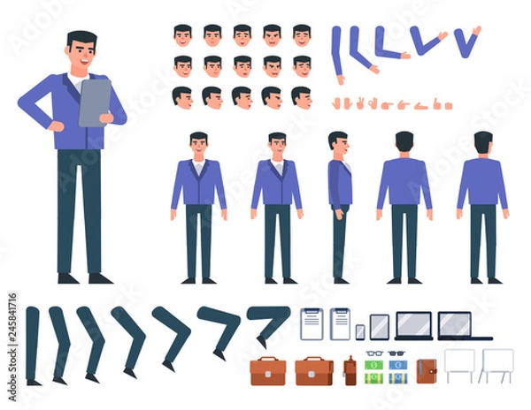 Obraz Businessman in blue suit creation kit. Create your own action, pose, animation. Various design elements, gestures, avatars. Flat design vector illustration