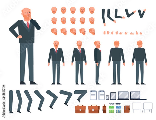 Obraz Old businessman creation kit. Create your own action, pose, animation. Various design elements, gestures, avatars. Flat design vector illustration