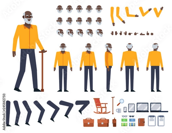 Obraz Old black man in yellow shirt creation kit. Create your own action, pose, animation. Various figure design elements. Flat design vector illustration