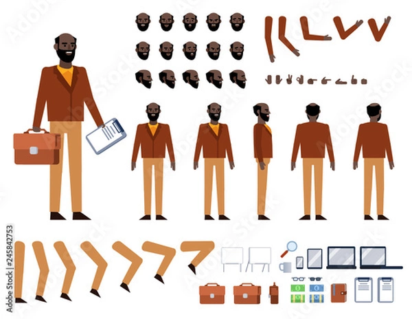 Obraz Black businessman in brown suit creation kit. Create your own action, pose, animation. Various figure design elements. Flat design vector illustration