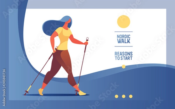 Obraz Vector horizontal web banner or landing page with young woman nordic walking. Blue gradients, template with text for healthy lifestyle and wellness.