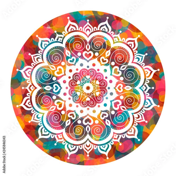 Fototapeta Mandala over colorful watercolor circle. Vector illustration. Ethnic print with abstract pattern. Isolated on white background. Bright colors.