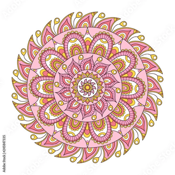 Fototapeta Vector hand drawn doodle mandala. Ethnic mandala with colorful tribal ornament. Isolated. On white background.