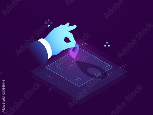 Fototapeta Set route, address destination, GPS navigator pin blue color map, set a mark on map isometric view, flat vector illustration dark
