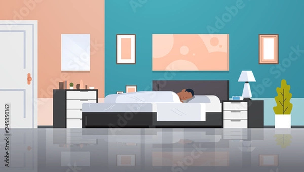 Fototapeta man sleeping in bed covered with quilt lazy african american guy sleep at morning bedroom modern apartment interior male cartoon character flat horizontal full length