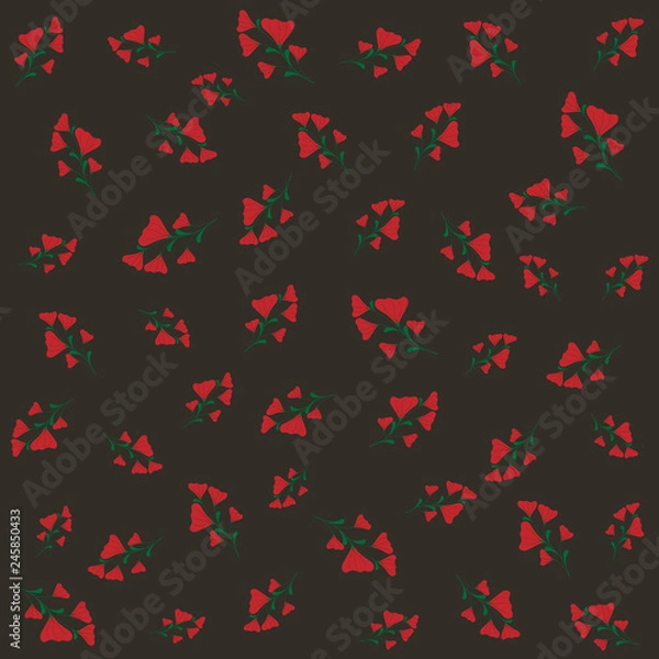 Fototapeta Cute botanics vector pattern with red flower and green leaf on dark gray or black background in minimal vintage abstract style look sweet for wallpaper and all design. Environment and plants concept.