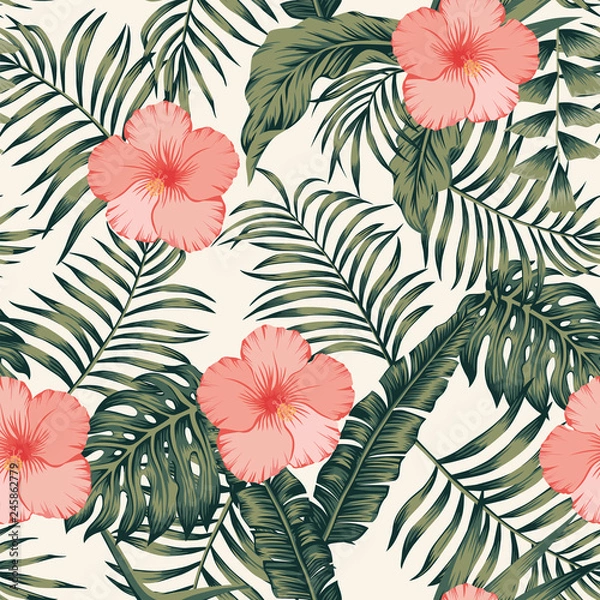 Fototapeta Tropical leaves and hibiscus abstract colors seamless white background