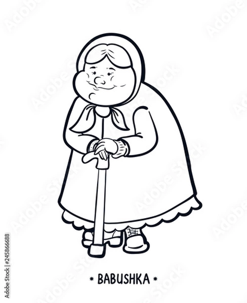 Obraz Babushka, or grandmother, text. An olderly woman with a walking stick. Black and white vector isolated illustration