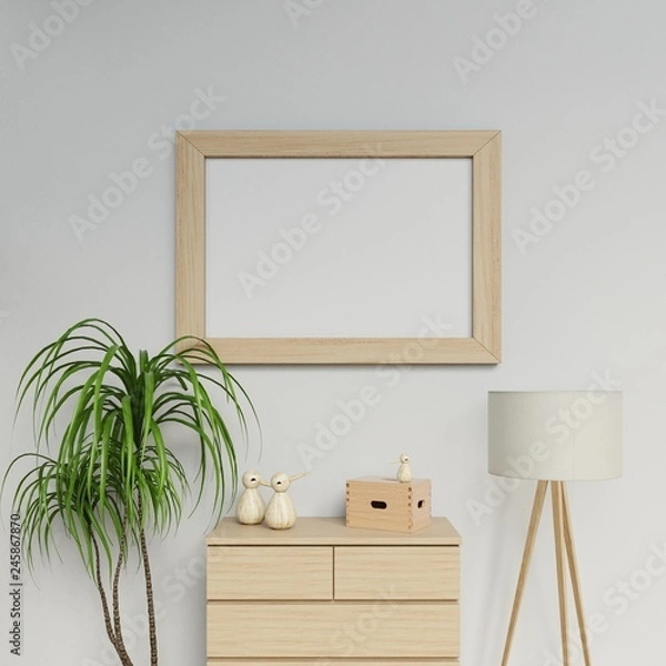 Fototapeta 3d render modern house interior a1 size poster mockup design with horizontal frame hanging on the white wall in living space in straight front view