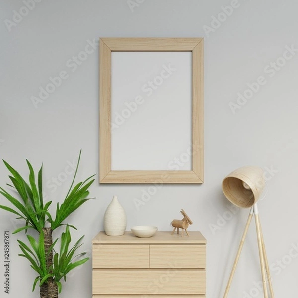 Fototapeta 3d rendering contemporary home interior poster a1 size mockup template with vertical frame hanging on the grey wall in living room in front camera view