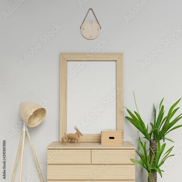 Fototapeta scandinavian interior 3d render illustration of empty a1 poster mock up template with vertical frame sitting on wooden drawer in front view