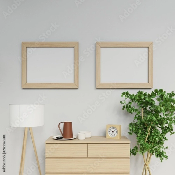 Fototapeta realistic illustration of nordic apartment interior with two a2 size empty poster mock up with light wood frame hanging horizontally on the clean grey wall in family area in front view