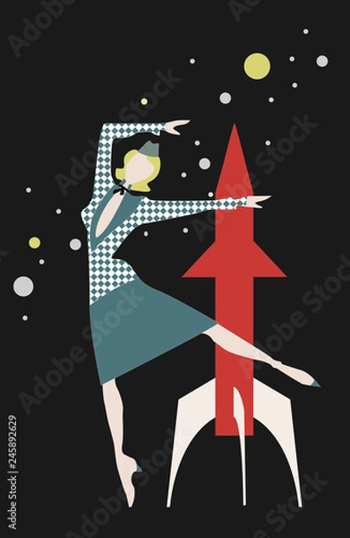Fototapeta vintage card with space, with rocket and stewardess, vector