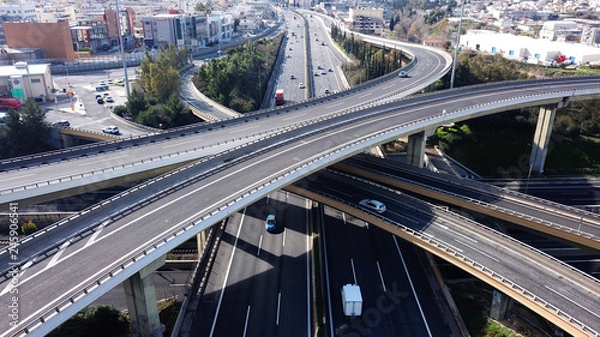 Obraz Aerial view of popular highway of Attiki Odos multilevel junction road, passing through National motorway, Attica, Greece