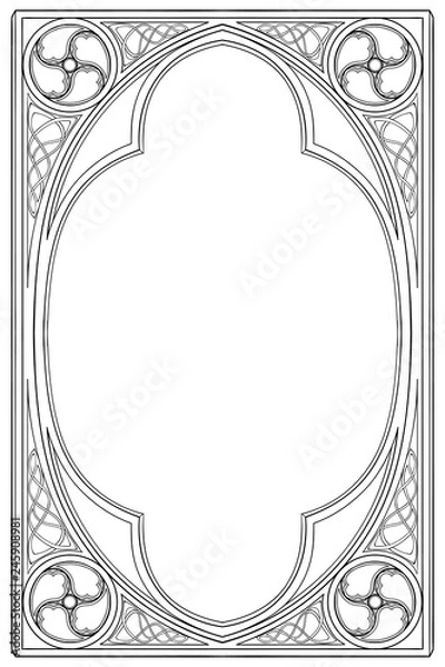 Fototapeta Medieval manuscript style rectangular frame. Gothic style pointed arch. Vertical orientation. Vintage color palette. Hand drawn image isolated on monochrome background. EPS10 vector illustration